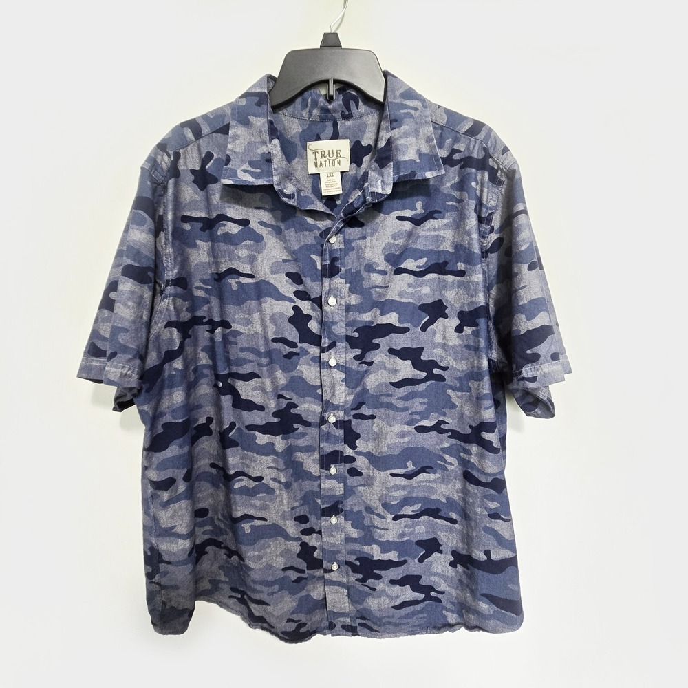 True Nation Button Down‎ Shirt Mens 1XL Blue Camo Short Sleeve Camouflage